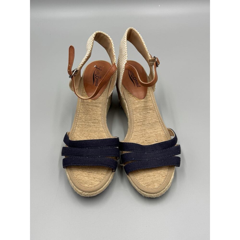 Lucky Brand Tan & Black Wedge Sandals Size 9.5B Buckle Close